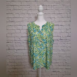Green and Blue Relaxed Pleated Blouse with Bib Collar
